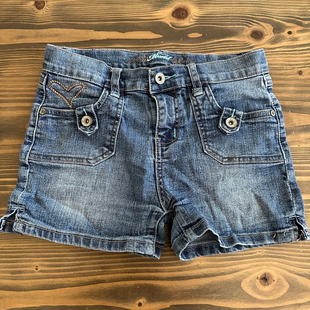 Girls Mudd Blue Jean Shorts Size 12 Turquoise Embroidered Hearts
